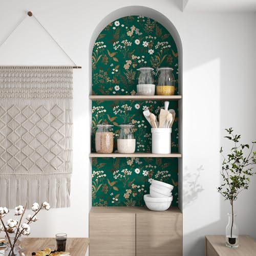 Laatse Dark Floral Wallpaper Peel and Stick 17.5in x 118in Vintage Green Gold Leaf Wallpaper Vinyl Waterproof Self-Adhesive Boho Botanical Wall Paper Mural for Cabinet Bookcase Bedroom Decor - color: Green&White, size: 118" x 17.5"
