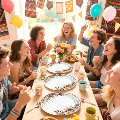 Grencian 50Pcs Fall Boho Floral Oval Paper Plates 10" x 12" Large Disposable Heavy Duty Fall Boho Rustic Dark Flower Tableware Dessert Plates for Autumn Thanksgiving Birthday Wedding Party Supplies - style: Fall Boho Flower Oval Set