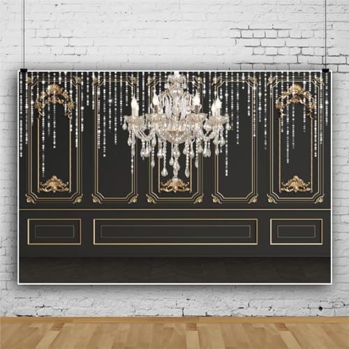 Yeele 12x8ft Vintage Room Inside Backdrop Luxurious Crystal Chandelier European Style Black and Gold Wall Photoshoot Background for Wedding Birthday Party Decor Artistic Portrait Photo Shoot Props - size: 12x8ft