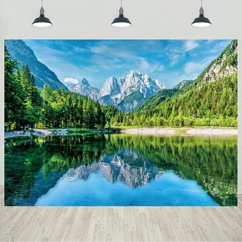 5x3ft Mountain Backdrop Forest Lake Landscape Nature Scenery Photography Background Camping Picnic Decorations Holiday Travel Portraits Wallpaper Banner Photo Studio Props - color: Mountain-5, size: 5x3ft