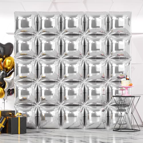 NISOCY 25PCS Metallic Silver Square Foil Balloons Wall Backdrop Chrome Silver Balloon Tunnel Garland Arch Kit for New Year Birthday anniversary Bachelorette Engagement Bridal Shower Party Decorations - color: A01 - Metallic Silver, size: 25PCS