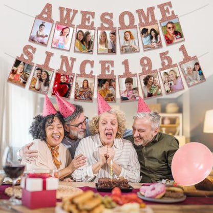 Pre-strung Awesome Since 1951 Photo Banner Birthday Decorations for Women- Pink Rose Gold Glitter 75th Birthday and Anniversary Decorations Party Supplies - style: Pink Rose Gold 75th