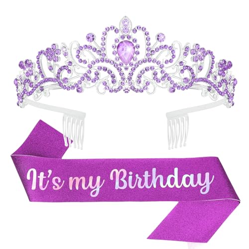 YISSION Purple Rhinestone Birthday Tiara and Sash Set, "It's my Birthday" Glitter Sash with Crystal Crown for Women, Birthday Party Decorations, Photo Props & Milestone Celebration Gifts - color: Purple