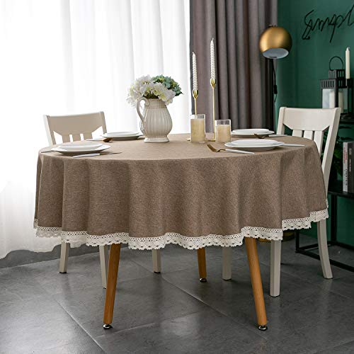 EHouseHome Faux Linen Tablecloth with Lace Trim - Waterproof/Spill Proof/Stain Resistant/Wrinkle Free/Oil Proof - for Banquet, Parties, Dinner,Kitchen,Wedding,Coffee,Holiday,Flax,Round 60Inch - color: Flax, size: 60" (Round)