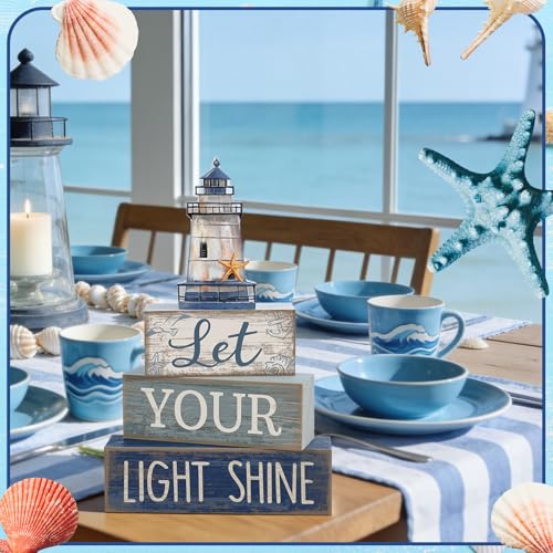 Lineshading 4 Pcs Beach Coastal Table Decor Wooden Lighthouse Decoration with Starfish Summer Tiered Tray Decor Blue and White Ocean Centerpieces Rustic Beach House Nautical Decorations for Home Shelf - style: Coastal