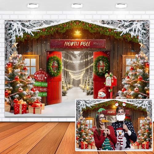 Leowefowa Rustic Christmas Backdrop Wood Barn Door Christmas Farm Tree Background Snow North Pole Party Decorations Banner Photography Props 10x8ft Vinyl - color: blue, size: 10x8ft