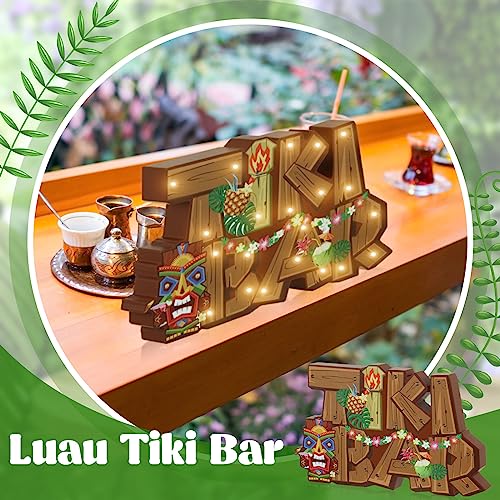 Geetery LED Tiki Bar Sign Wooden Tiki Bar Decor Hawaiian Luau Party Decoration Rustic Table Decorations LED Light Plaque for Aloha Hawaii Tropical Birthday Party Photo Props Patio Home Kitchen