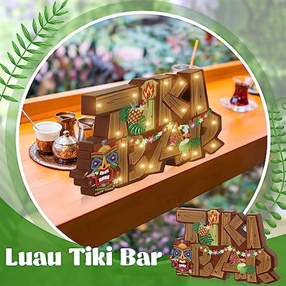 Geetery LED Tiki Bar Sign Wooden Tiki Bar Decor Hawaiian Luau Party Decoration Rustic Table Decorations LED Light Plaque for Aloha Hawaii Tropical Birthday Party Photo Props Patio Home Kitchen