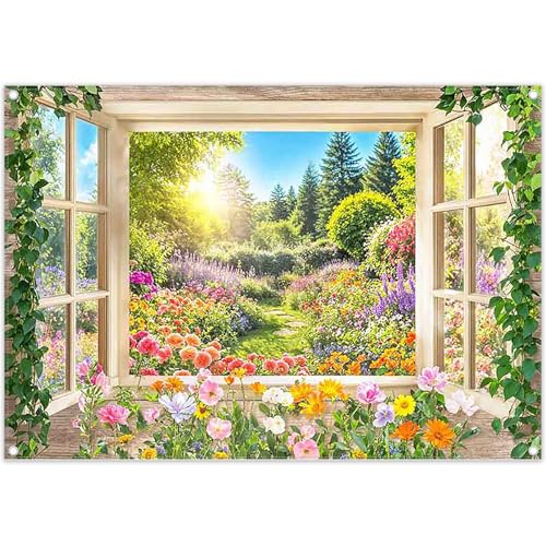 Fabric 7x5ft Spring Summer Garden Window Photography Backdrop Blooming Flowers Floral Nature Landscape Forest Background Kids Aldults Wedding Party Decorations Photo Props