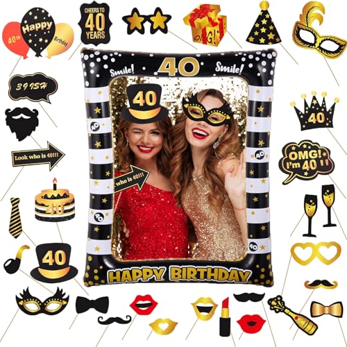40th Birthday Photo Booth Props, Black Gold Inflatable Photo Booth Frame, 30PCS Photo Booth Props for Party Selfie Party Decorations and Gifts - size: 40th Birthday Inflatable Frame