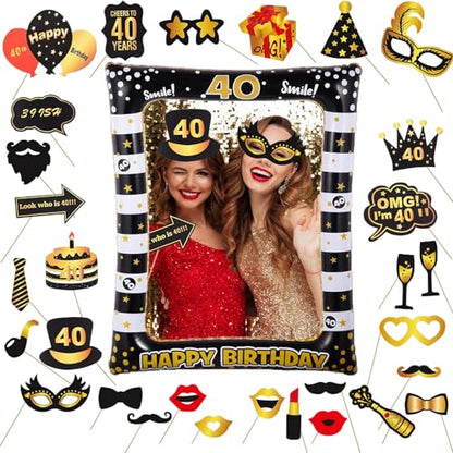 40th Birthday Photo Booth Props, Black Gold Inflatable Photo Booth Frame, 30PCS Photo Booth Props for Party Selfie Party Decorations and Gifts - size: 40th Birthday Inflatable Frame