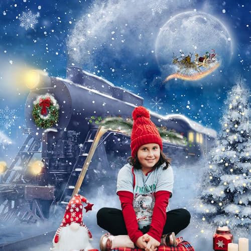 Avezano 8 x 6 ft Christmas Train Backdrop Snow Night Christmas Themed Party Backdrop Moon Santa Claus Railway Photography Background Xmas Day Party Banner Decorations - size: 8x6ft, 94x71inch