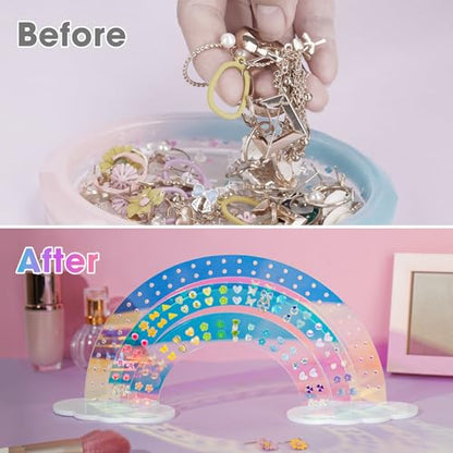NiHome 3-Tier Iridescent Acrylic Rainbow Earring Organizer, Lightweight & Durable Design 140 Holes for 70 Pairs, Unique Front Row for Special Earrings, 11.8" W x 6.25" H - color: Iridescent