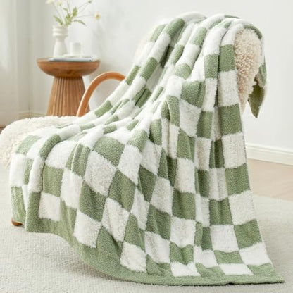 Snuggle Sac Sage Green Checkered Throw Blanket Faux Fur Knitted with Microfiber Yarn, Cozy Soft Warm Spring Blankets for Couch,Sofa,Bedroom,Sage Green Checker,50x60 inches - color: Green White, size: Throw(50"x60")