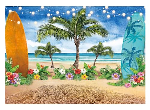 Allenjoy Summer Beach Ocean Photography Backdrops Blue Sky Seaside Surfboard Tropical Palm Trees Luau Kids Girl 1st Birthday Party Decor Banner Baby Shower 7x5ft Photoshoot Background Photo Booth Prop - size: 7'x5'
