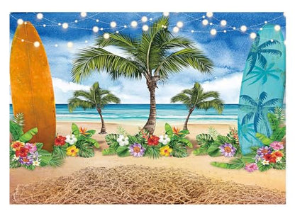 Allenjoy Summer Beach Ocean Photography Backdrops Blue Sky Seaside Surfboard Tropical Palm Trees Luau Kids Girl 1st Birthday Party Decor Banner Baby Shower 7x5ft Photoshoot Background Photo Booth Prop - size: 7'x5'
