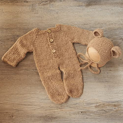 Zeroest Newborn Boy Photoshoot Outfits and Props Bear Bonnet with Footed Romper Infant Baby Photography Crochet Knitted Set - color: Khaki