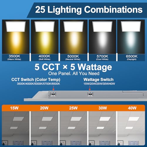 4 Pack, 2x2 LED Flat Panel Light, Commercial Drop Ceiling Troffer, 15W–40W Wattage Selectable, 5CCT 3500K–6500K, 0–10V Dimmable, Flicker-Free, ETL Listed - size: 2x2FT-4pack