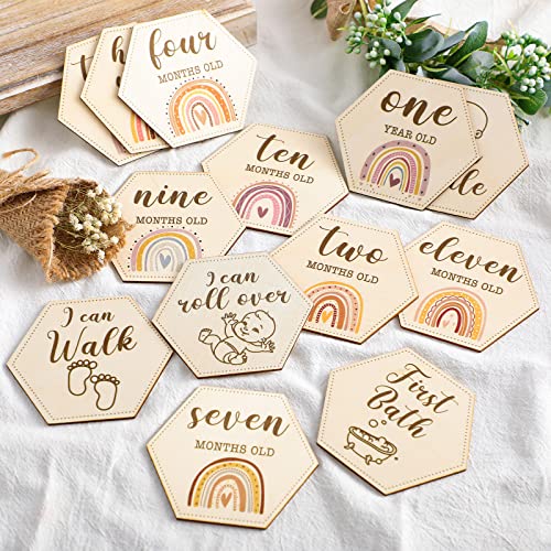 Amyhill 13 Pcs Wooden Baby Monthly Milestone Cards Signs Double Sided Milestone Discs Baby Shower Boho Photo Props Gifts Birth Announcement Signs Pregnancy Journey Growth Marker(Rainbow)