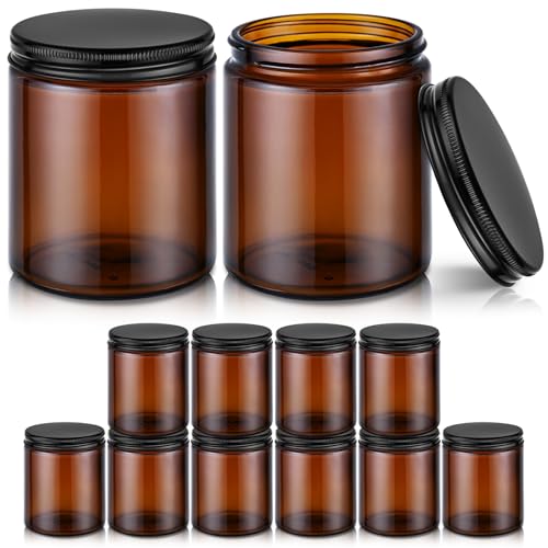 8 oz Amber Glass Jars with Metal Lids, 12 Pack Amber Small Glass Jars with Black Lids, Lotion Container Empty Cosmetic Travel Containers for Sample, Cream, Lotion, Honey, Powder - color: Amber-Metal Lids, size: 8 Ounces