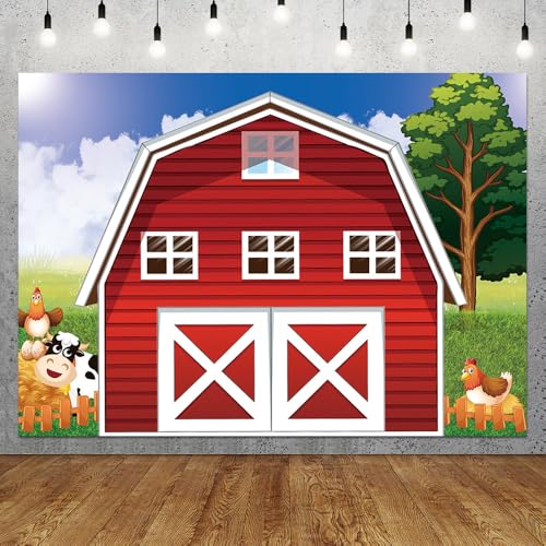 Cartoon Farm Photography Backdrop 8x6ft Animals Rustic Farmhouse Red Barn Photo Background for Kids Birthday Party Decoration Barnyard Baby Shower Newborn Photobooth Banner - size: 8x6 FT