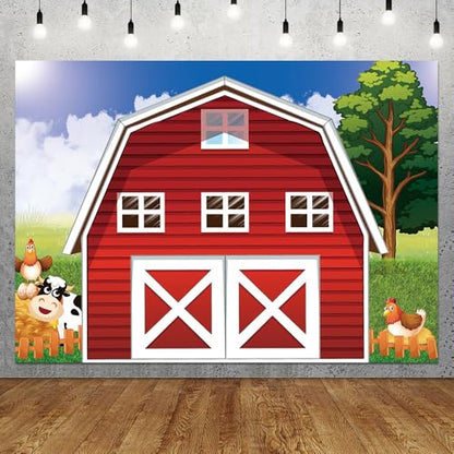 Cartoon Farm Photography Backdrop 8x6ft Animals Rustic Farmhouse Red Barn Photo Background for Kids Birthday Party Decoration Barnyard Baby Shower Newborn Photobooth Banner - size: 8x6 FT