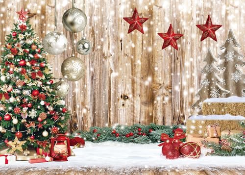 8x6Ft Christmas Backdrops for Photography Winter Snow Backdrop Rustic Wood Floor Backdrop Xmas Tree Gift Christmas Family Party Background - size: 8x6ft