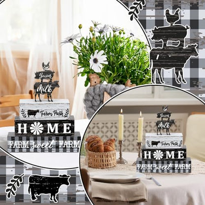 Geelin 4 Pcs Farmhouse Kitchen Signs Cow Rooster and Pig Decors Rustic Wooden Signs Country Table Centerpiece Tiered Tray Decor Table Top Sign for Home Kitchen - style: Farm