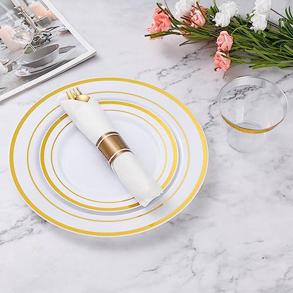 Goodluck 100 Pack Pre Rolled Gold Plastic Silverware, Wrapped Plastic Cutlery Set with Napkin Include 100 Forks, 100 Knives, 100 Spoons and 100 Napkins, Disposable Silverware for Party, Wedding - size: 100pc, style: Gold