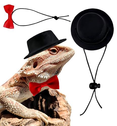Bearded Dragon Clothes Costume Pet Lizard Outfit Set Small Reptile Business Suit for Photo Props & Daily Wear,Adjustable Hat and Bowtie for Gecko Chameleon Amphibians Ferret Hamster - color: Business Suit-Black