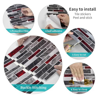 VICCI 12-Sheet Peel and Stick Tile Backsplash, Vinyl Waterproof Tiles Decals 12 x 12 inch Self Adhesive Wall Sticker for Kitchen, Bathroom & Laundry Room (Grey & Red Marble Style) - color: Spt-202, size: 12 x 12 inch (Marble style)