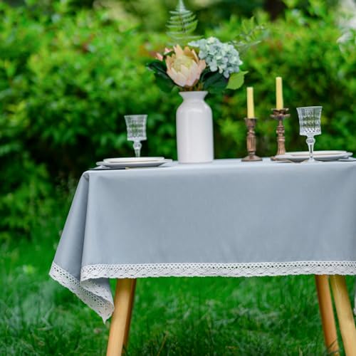 EHouseHome Faux Linen Tablecloth with Lace Trim - Waterproof/Spill Proof/Stain Resistant/Wrinkle Free/Oil Proof - for Banquet, Parties,Dinner,Kitchen,Wedding,Holiday,Blue Fog,Square 52X52Inch - color: Blue Fog, size: 52" x 52" (Square)