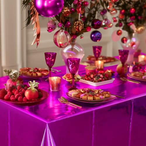 Just Shimmer 2pcs Fuchsia Red Foil Tablecloth 54 * 72 Inch Plastic Baby Shower Birthday Party Table Cloths Disposable Waterproof Table Cover for Anniversary Bridal Shower Wedding Party Supplies - color: Rose Red