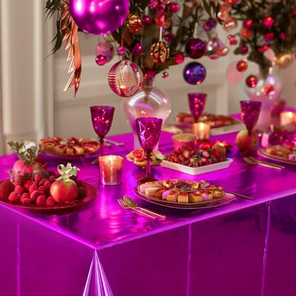 Just Shimmer 2pcs Fuchsia Red Foil Tablecloth 54 * 72 Inch Plastic Baby Shower Birthday Party Table Cloths Disposable Waterproof Table Cover for Anniversary Bridal Shower Wedding Party Supplies - color: Rose Red