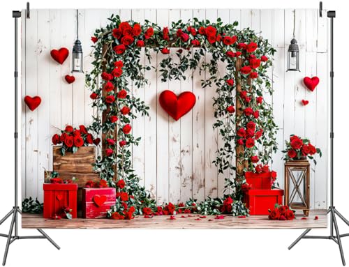 5 x 3 ft Valentine's Day Backdrop Rustic Barn White Wall Red Rose Love Heart Balloon Background Wedding Bridal Party Valentine's Day Engagement Backdrops Portrait Photo Booth Props - color: Red4, size: 5x3ft
