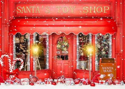 Red Christmas Photo Backdrop Santa's Toy Shop Candy Cane in Snow World Xmas Family Holiday Party Banner Photography Background Supplies Decor Studio Prop PGT673A 7x5ft - size: 7'X5'