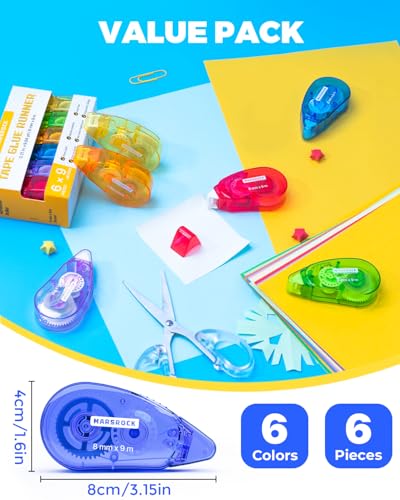 Marsrock Double-Sided Tape Roller for Scrapbooking 6-Pack (0.31IN x 30FT) Adhesive Tape Glue Runner, Scrapbook Supplies and Craft Supplies for Scrapbooking, Gift Wrapping and Photo Tape - color: Multicolor Glue Tape, size: 6PACK, 0.31IN x 30FT