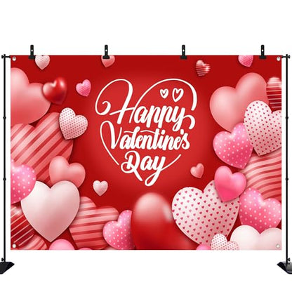 Valentine's Day Photography Backdrop 72 x 44 Inch - Pink Red Heart Filled Happy Valentine's Day Banner for Romantic Shoots - color: Red