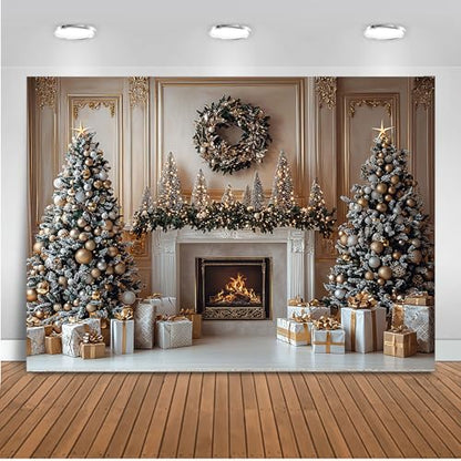 Mocsicka Christmas Fireplace Backdrop Gold Christmas Tree Fireplace Background Photography Decorations Christmas Eve Background Photo Props (8x6ft) - size: 8x6ft