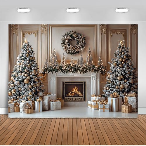 Mocsicka Christmas Fireplace Backdrop Gold Christmas Tree Fireplace Background Photography Decorations Christmas Eve Background Photo Props (6x4ft) - size: 6x4ft