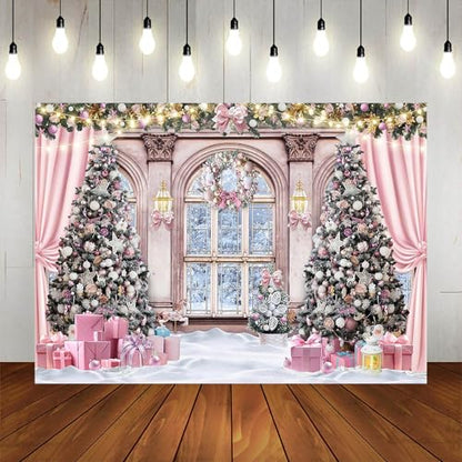 Christmas Backdrop for Photography 10x7ft Christmas Window Snowy Winter Scenery Photography Background Pink Curtain Snowy Forest Outside The Window Family Photo Shoot Booth Props - size: 10x7ft