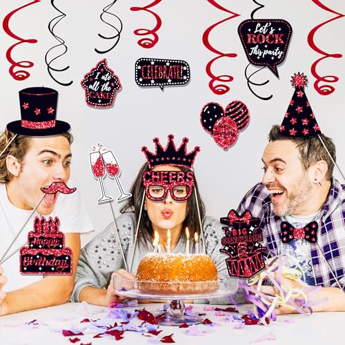 36 PCS Birthday Photo Booth Props Party Supplies Holiday Picture Decorations Photo Booth Props for Birthday Party Favors Pose Sign Kit Fun for Party (Red) - color: Red