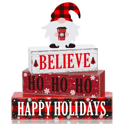 Geelin 4 Pcs Christmas Wooden Table Decorations Xmas Red and White Buffalo Plaid Signs Rustic Happy Holiday Tiered Tray Decor Xmas Gnome Tabletop Centerpieces for Home Desk Room Kitchen Shelf - style: Gnomes