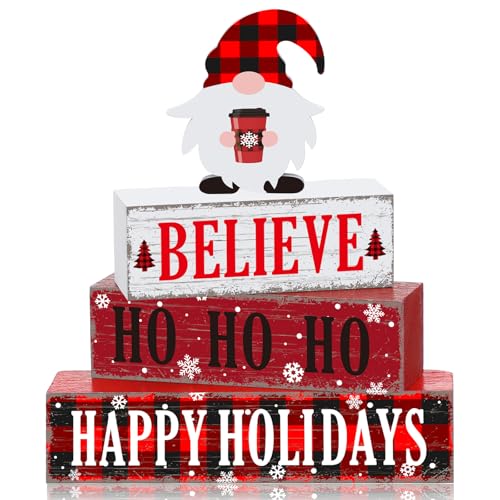 Geelin 4 Pcs Christmas Wooden Table Decorations Xmas Red and White Buffalo Plaid Signs Rustic Happy Holiday Tiered Tray Decor Xmas Gnome Tabletop Centerpieces for Home Desk Room Kitchen Shelf - style: Gnomes