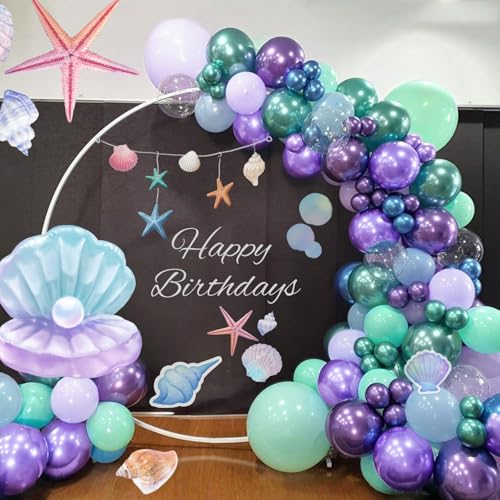 Mermaid Balloon, 12 Inch Mermaid Theme Balloon, Metallic Purple Green Party Balloons, Teal Green Purple and White Balloons with Confetti for Mermaid Party Girls Birthday baby shower Decoration - color: Purple and Green