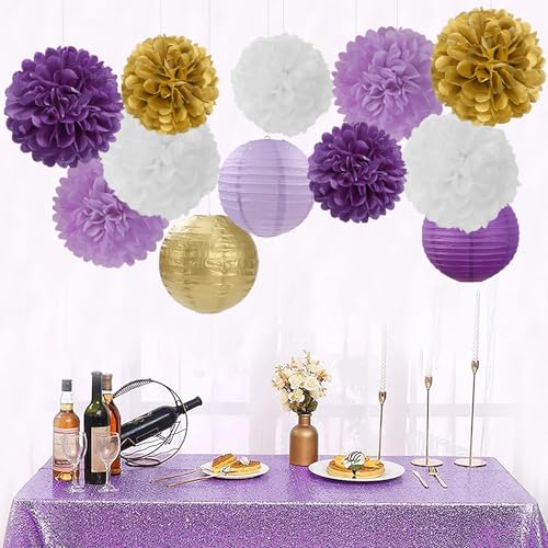 Purple White-Gold Party-Decorations Paper Flowers Lanterns - 15PCS Graduation Lavender Tissue Pom Poms Streamers,Wedding Birthday Bachelorette Baby Shower Classroom Hanging Supplies Decor Hugfond - color: Light Purple Deep Purple White Gold