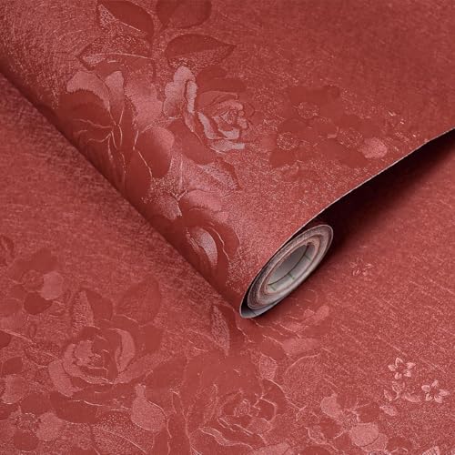 Dark Red Peel and Stick Wallpaper Textured Embossed Floral Contact Paper Peel and Stick 197inL78.7inW Retro Crimson Red Flower Self Adhesive Removable Wallpaper for Bathroom Waterproof Thicken - color: Red, size: 17.7" x 197"