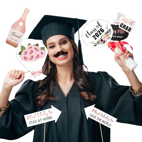 Konsait Rose Gold Graduation Photo Booth Props Party Supplies Graduation Photo Props Class of 2026 Grad Decor with Sticks, Class Decorations Graduation Party Favors Decor Accessories(39Count)