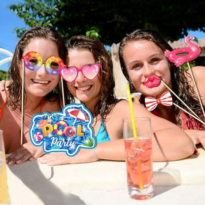 25Pcs Pool Photo Booth Props with Stick, Beach Theme Selfie Props, Summer Birthday Party Supplies, Swimming Photography Backdrop Decorations