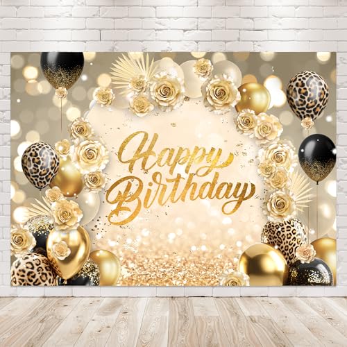 Newsely Leopard Happy Birthday Backdrop 7Wx5H Photography Gold Woman Girl Cheetah Print Golden Flower Balloons Arch Modern Background Aesthetic Luxury Party Decorations Banner Photo Props Supplies - color: C-Gold, size: 7Wx5H